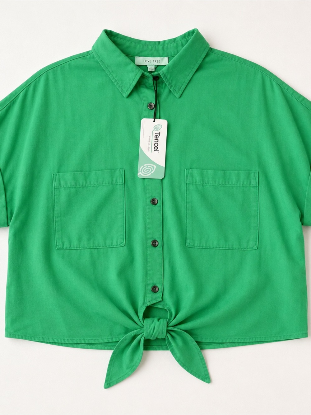 Love Tree Bright Green Short-Sleeve Tie-Front Button Shirt